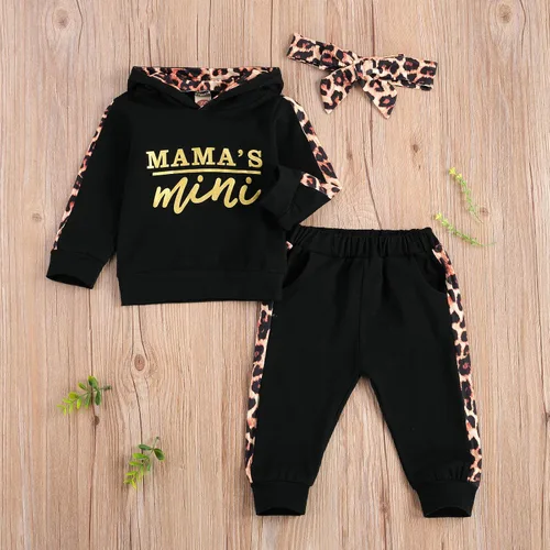 Vista 2 de Ropa de otoño e invierno para bebé niña, sudadera con capucha y pantalones con estampado de leopardo, 2 piezas