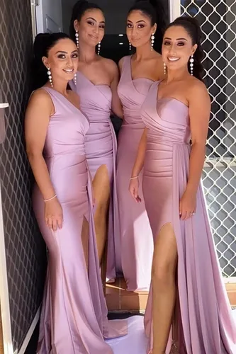 Vista 6 de Vestidos de dama de honor de un hombro para boda con abertura lateral, vestidos de sirena de satén con cola