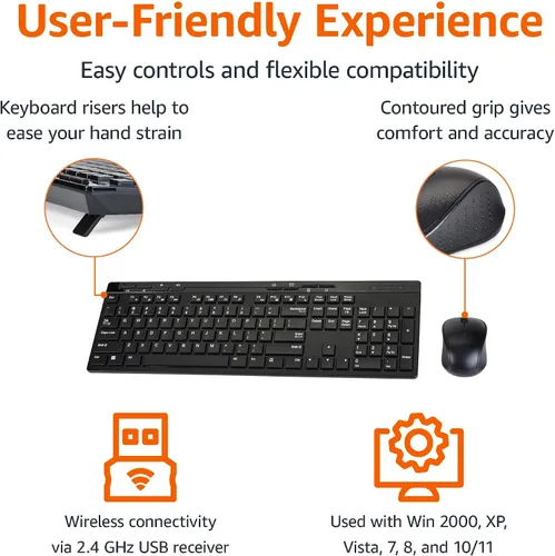 Vista 2 de Amazon Basics - Combo de teclado y mouse inalámbricos, tamaño completo, diseño QWERTY, receptor USB Plug & Play de 2.4 GHz, diseño elegante