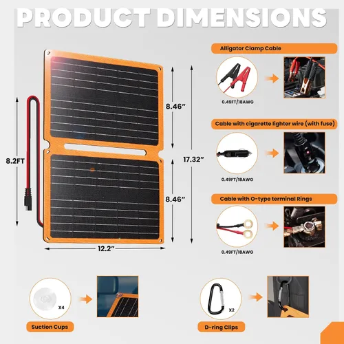 Vista 9 de FieryRed - Cargador y mantenedor de batería de coche con panel solar de 20 W/12 V, cargador de carga continua plegable con controlador incorporado