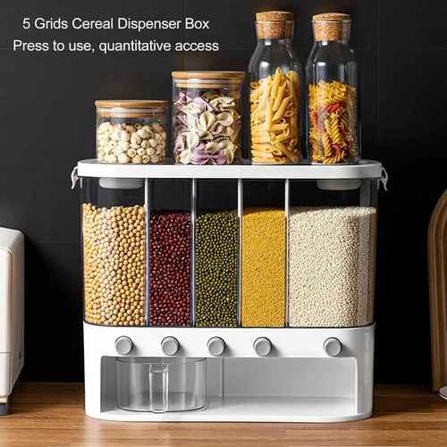 Vista 2 de Dispensador de alimentos secos de 5 rejillas, dispensador de cereales transparentes de 16.1 x 6.3 x 13.2 pulgadas con tapa extraíble, recipiente