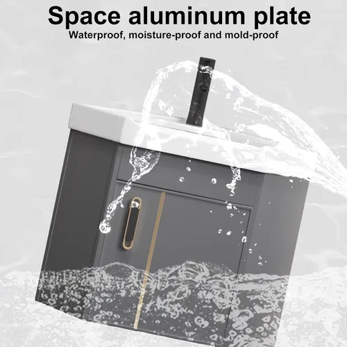 Vista 6 de Armario de tocador de baño de esquina con fregadero y armario con espejo LED, mueble de tocador de esquina con lavabo, armario de lavabo de baño