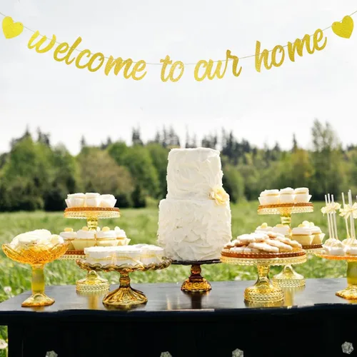 Vista 7 de Starsgarden Cartel dorado con purpurina "Welcome to Our Home" para inauguración de la casa, decoración militar patriótica, suministros para fiestas