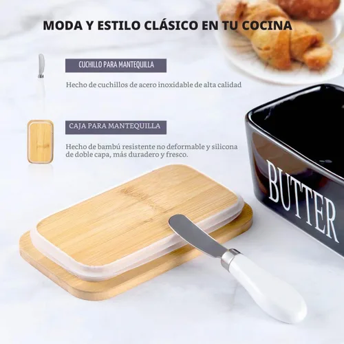Vista 7 de Hasense Porcelain Butter Dish with Lid, Knife & Seal for Countertop Black Negro