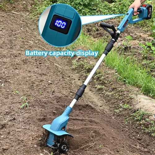 Vista 6 de Cultivador de suelo sin cable de 21 V, cultivador de jardín de 8 pulgadas de ancho con batería de 4.0 Ah, cultivador con dientes de acero y pantalla