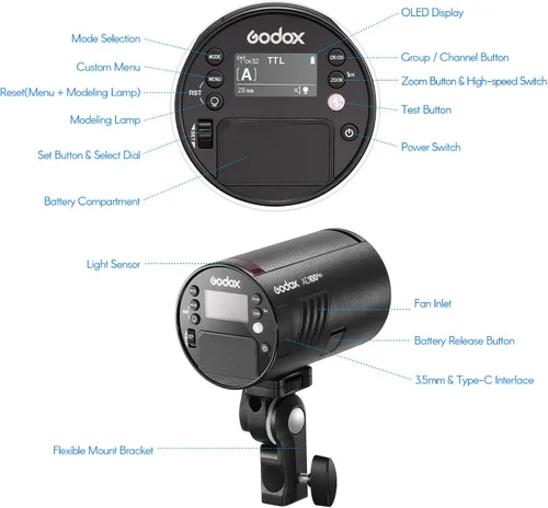 Vista 6 de GODOX AD100Pro Luz de Flash de Estudio en Bolsillo para Fotografía con Pantalla OLED 5800K 1/8000s Sync TTL/Multi/M Flash Integrado 2.4G Wireless X