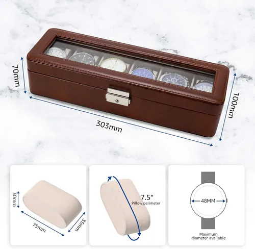 Vista 4 de Caja organizadora de relojes para hombres y mujeres, caja de reloj con 6 ranuras para reloj, pantalla de reloj de piel sintética con ventana