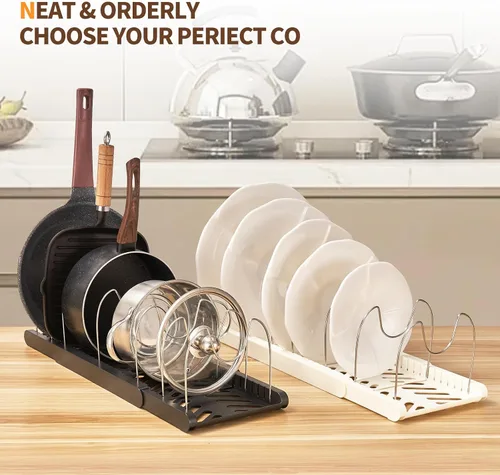 Vista 6 de Organizador expandible para ollas y sartenes, divisores ajustables de acero inoxidable, soporte para tapa de olla, organizador y almacenamiento