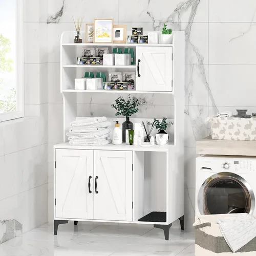 Vista 6 de Caja oculta para gatos con almacenamiento de estantes, muebles de madera resistente para baño, color blanco