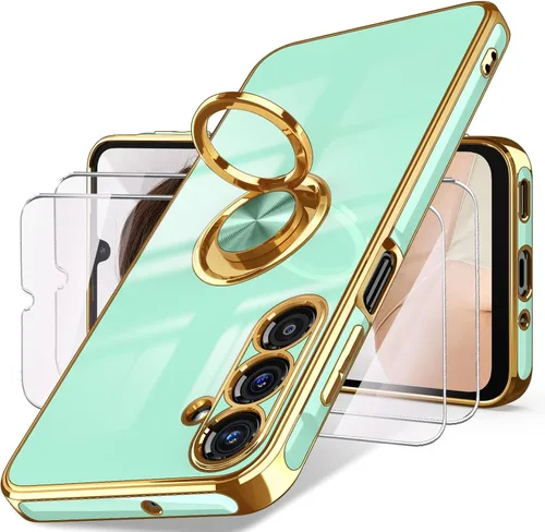 Vista 18 de Dretal Funda para Samsung Galaxy A15 5G, protector de pantalla, soporte de anillo giratorio de 360°, soporte magnético, borde dorado plateado, funda