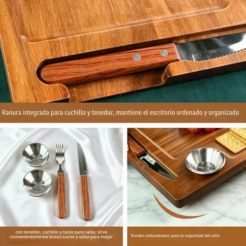 Vista 3 de MAVOTER Tabla de Bistec de Madera de Acacia - Plato de Bistec Tabla de Cortar con Tenedor, Cuchillo y Ramequines Tabla de Servir de Madera para el 1