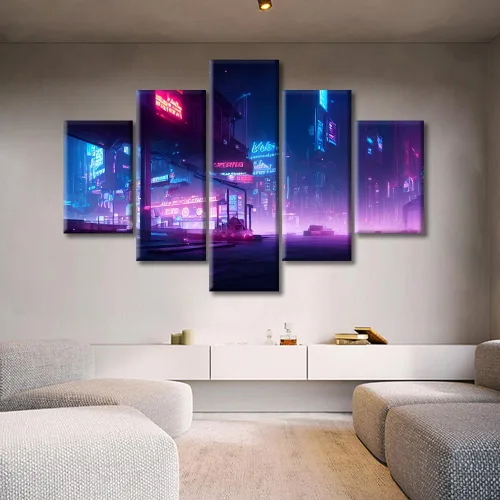 Vista 142 de Cuadros de 5 paneles de Cyberpunk City, arte de pared, representación de vallas publicitarias, edificios modernos en la capital con obras de arte