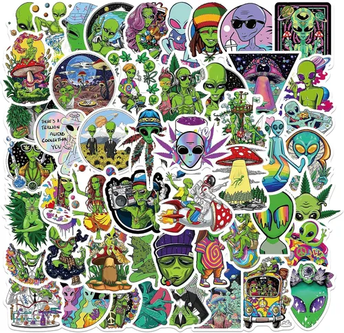 Vista 2 de 200 calcomanías Trippy - Calcomanías impermeables de hojas de alienígena para laptop, botellas de agua, monopatín, guitarra, casco