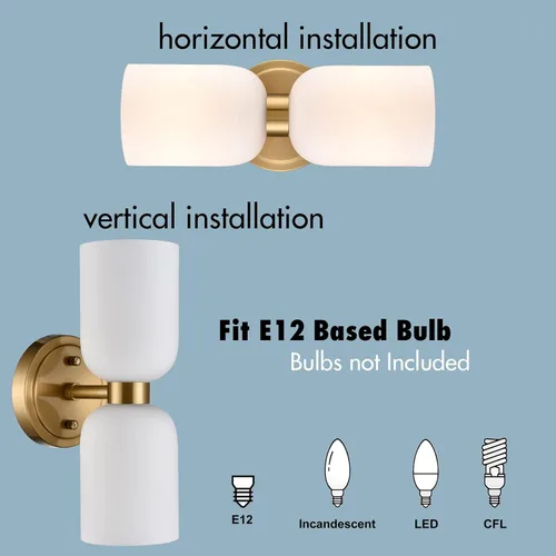 Vista 3 de CLAXY Lámpara de pared moderna de baño en oro con vidrio lechoso, accesorios de iluminación de baño con 2 luces regulables Dual E26 Based Cylinder