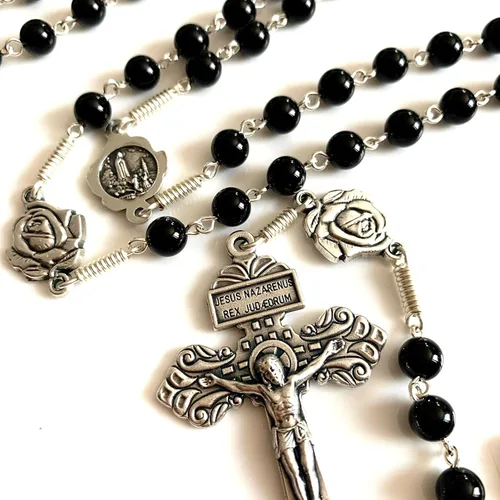 Vista 8 de elegantmedical Hecho a mano con cuentas de ágata negra de la señora de Fátima, collar de rosario, Crucifijo de indulto cruz, regalos católicos