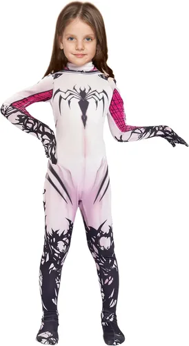 Vista 5 de Liokoon Disfraz de araña para niñas de 3 a 12 años, disfraz de superhéroe de araña blanca para cosplay