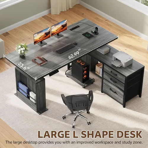 Vista 3 de Escritorio eléctrico en forma de L de 63 pulgadas con 3 cajones, color gris with Storage Computer Desk Adjustable Height with Power Outlets 4