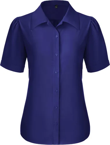 Vista 26 de Gleeivy Camisas de botones para mujer de manga corta abombada, camisas de vestir abotonadas con cuello ajustado, blusa superior de trabajo