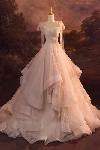 Vista 5 de Vestido de fiesta de tul con volantes en capas, con tirantes delgados, vestidos de baile de princesa con lazo, vestidos de quinceañera