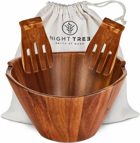 Vista 9 de Night Tree Ensaladera grande de madera con tenedores para servir, juego de ensaladera de madera para alimentos o frutas, utensilios magnéticos aptos