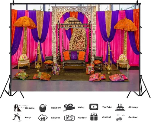 Vista 2 de Telón de fondo Diwali de 5 x 3 pies para boda india, fondo de cabina de fotos Happy Holi, telón de fondo marroquí marroquí para fotos, telón