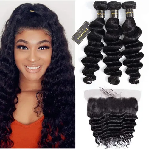 Vista 14 de Mechones de cabello suelto con ondas profundas peruanas con cierre, (16"18"20"+14Cierre) Extensiones de cabello peruano virgen 8A con mechones