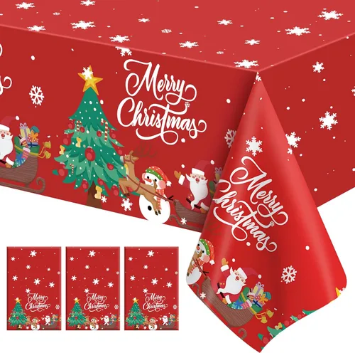 Vista 11 de Mantel de Navidad, 2 piezas de mantel desechable de plástico rojo, mantel de 54 x 108 pulgadas para decoraciones de Navidad, mantel de árbol