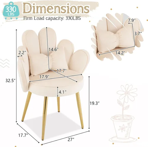 Vista 2 de Vingli Silla de Maquillaje de Pétalos con Respaldo, Silla Linda de Escritorio para Niñas Cómoda Sin Ruedas, Silla Moderna de Comedor, Silla