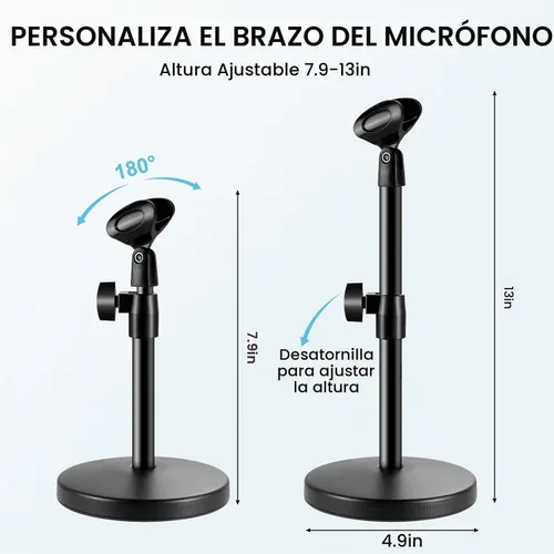 Vista 4 de Soporte de micrófono de escritorio 2 en 1, base redonda de metal mejorada, soporte de micrófono ajustable con clip de micrófono, clip para teléfono