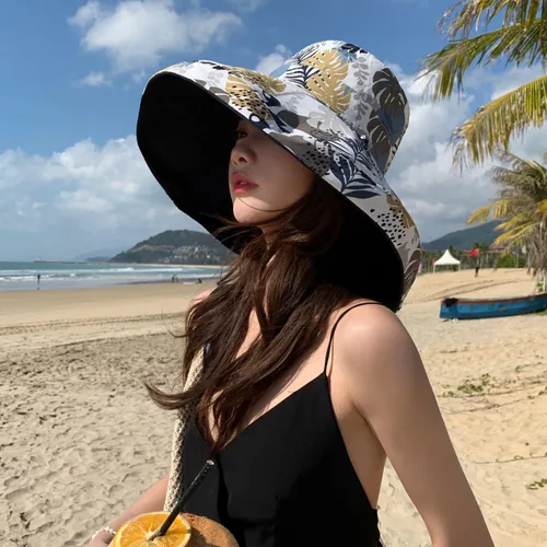 Vista 2 de Sombrero de sol de ala súper ancha para mujer, de algodón, plegable, reversible, con borde con cable, protección UV, verano, playa, viajes, jardín