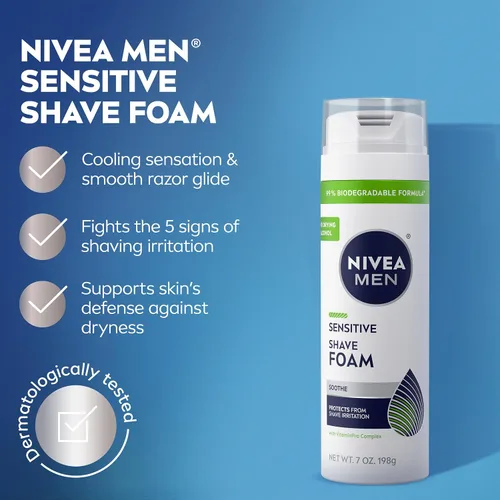 Vista 3 de NIVEA MEN - Espuma de afeitado sensible con vitamina E, extractos calmantes de manzanilla y hamamelis, paquete de 6 latas de 7 onzas