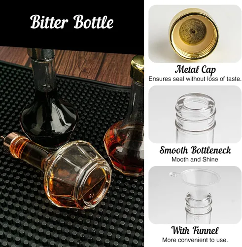 Vista 2 de Bitters - Juego de 3 botellas de vidrio de 1.7 onzas, herramienta de bar profesional decorativa para cóctel, ideal para barman en casa, bar