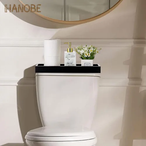 Vista 4 de Hanobe Bandeja rectangular larga y estrecha: portavelas rectangular decorativo negro, bandeja de centro de mesa, bandeja de servir sin asa para mesa
