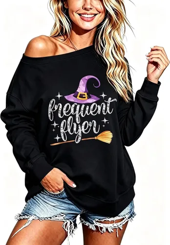 Vista 11 de Sudadera holgada de manga larga con hombros descubiertos para mujer de Halloween Gorro de Navidad negro