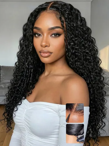 Vista 31 de KLAIYI Bye Bye Slip™ - Pelucas de cabello humano con encaje frontal 7x5, color marrón castaño degradado, rizado, sin pegamento, precortadas de 7 x