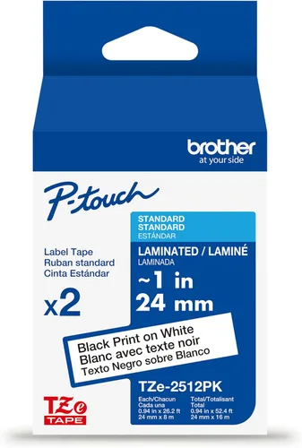 Vista 19 de Brother - Cinta laminada Negro sobre Amarillo, 24 mm Empaquetado al menudeo, Negro sobre blanco
