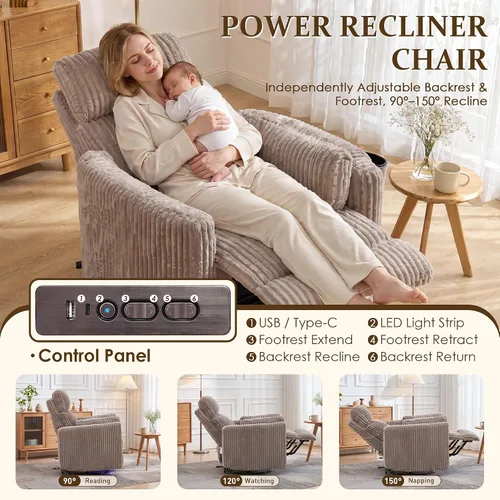 Vista 4 de SAMERY Silla reclinable giratoria eléctrica con reposacabezas ajustable, silla reclinable mecedora extra ancha con 2 almohadas/portavasos/USB/LED