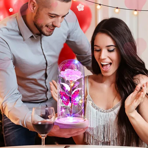Vista 6 de Beferr Regalos de cumpleaños para mujeres, rosa de cristal de galaxia, flores preservadas para siempre, rosa iluminada en cúpula de cristal, Día