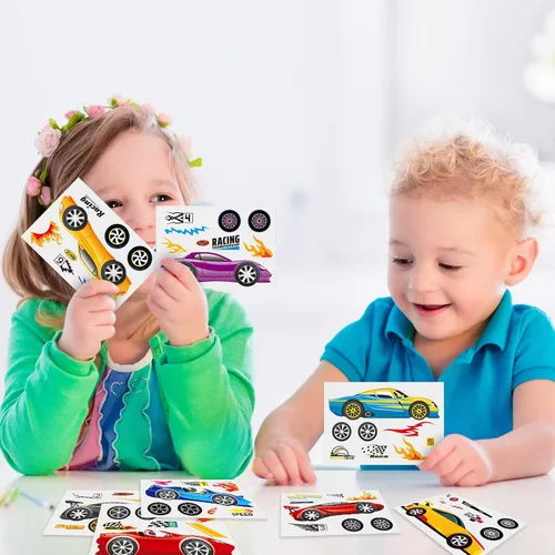 Vista 5 de Zonon 48 hojas de calcomanías de automóvil para niños, recuerdos de fiesta de carreras para niños, haz tus propias calcomanías de bricolaje de auto