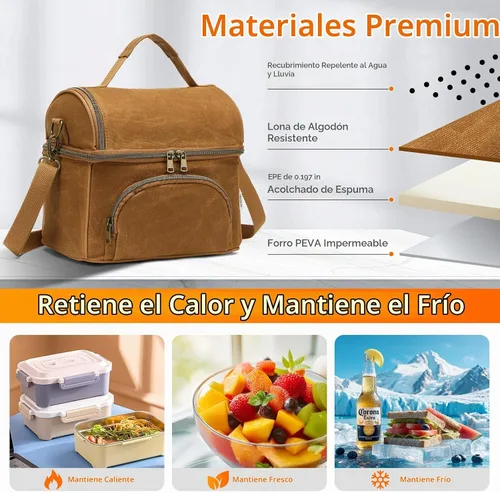 Vista 2 de Lonchera para hombres con 2 bolsas de hielo XL, bolsa de almuerzo de lona encerada resistente para hombres, bolsa enfriadora suave para adultos