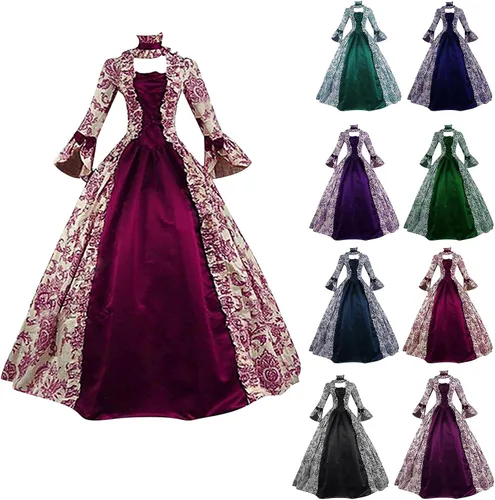 Vista 3 de Vestido medieval para mujer, vestido renacentista victoriano, vestido largo irlandés, talla grande, disfraces de Halloween
