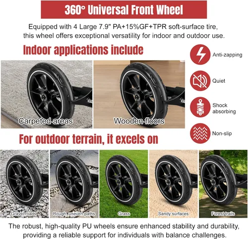 Vista 5 de Andador con ruedas para personas mayores/adultos plegable en dos direcciones con asiento de 330 libras de capacidad, 4 ruedas grandes de 8 pulgadas