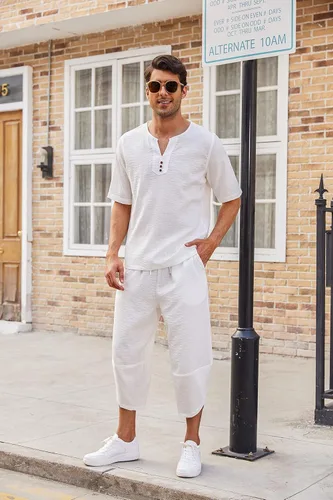 Vista 9 de COOFANDY Conjunto de 2 piezas de lino para hombre, camisa Henley de manga corta y pantalones capri harén, pierna ancha, holgados, pantalones de yoga