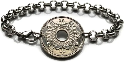 Vista 3 de 1963 Japan Nippon 50 Yen coin bracelet Chrysanthemum flower Tokyo Kobe Osaka Yokohama Fukuoka Sendai Nagoya Sapporo Okinawa Hiroshima Chiba Saitama