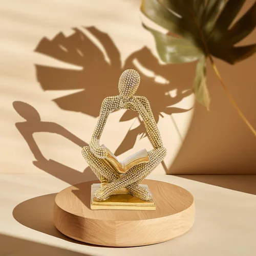 Vista 6 de Estatua de Mujer Leyendo Dorada Brillante, Esculturas de Pensador, Ornamento de Arte Abstracto, Figurilla de Decoración Estética Moderna para Hogar