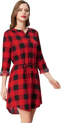 Vista 4 de Kate Kasin - Vestido informal con estilo de túnica a cuadros de mangas largas enrollables para mujer KKAF1057