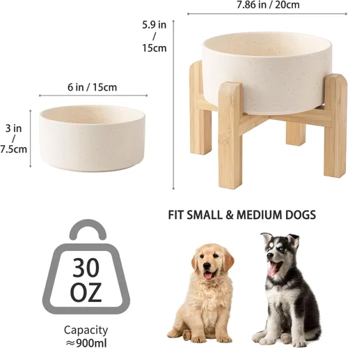 Vista 3 de Cuenco elevado de cerámica de 6 pulgadas para perros – Cuenco de comida y agua para perros de 30 onzas con soporte elevado de bambú antideslizante
