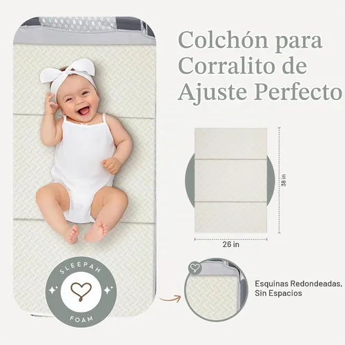 Vista 5 de Sleepah Pack and Play - Colchón de triple pliegue de doble cara (firme para bebés) y espuma viscoelástica suave (para niños pequeños) almohadilla