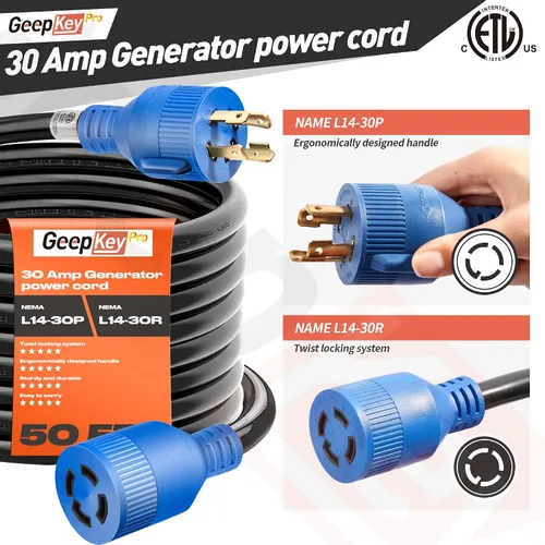 Vista 4 de Cable generador de 30 amperios y caja de entrada de alimentación [preperforada], cables de generador de 25 pies de 30 amperios, 125/250 voltios