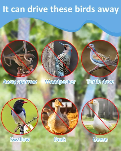 Vista 6 de 2 cintas de 502 pies para asustar pájaros, cinta holográfica reflectante de doble cara, dispositivos repelentes de pájaros audibles visuales
